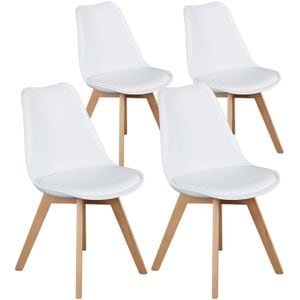 Set 4 Scaune Elindor Stil Retro, Piele Ecologica si Picioare din Lemn, Albe