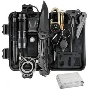 Kit de supravietuire 19 in 1 eMazing, include instrumente precum cutit, busola, lanterna, fluier, chingi si paracord, ideal pentru camping, drumetii si aventuri, culoare negru