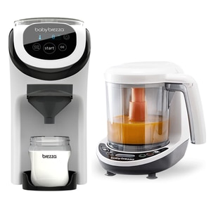 Set Aparat preparat lapte praf Baby Brezza, Formula Pro Mini, 800 g, Fara BPA + Robot multifunctional Baby Brezza, Food Maker Deluxe, Cu decongelare, Gatire cu abur, ecran LCD si accesorii