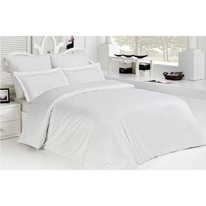 Lenjerie hoteliera king Arta Somnului, 4 piese, bumbac damasc satinat, dunga 1 cm, alb