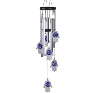 Clopotel de vant cu tuburi sonore metalice argintii pentru casa sau gradina, model Mana lui Fatima