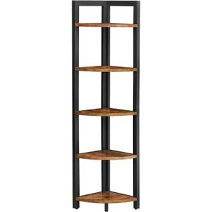  Biblioteca Vasagle, de colt cu 5 etaje, cadru metalic, 150x30x30cm, stil industrial maro rustic si negru