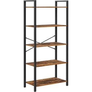  Biblioteca Vasagle, cu 5 etaje din lemn, cadru otel, stil industrial, 30x66x153cm, maro rustic si negru
