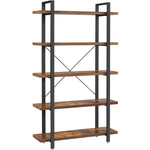  Biblioteca Vasagle, cu 5 rafturi, cadru din otel si rafturi din PAL, 105x34x178cm, maro rustic si negru