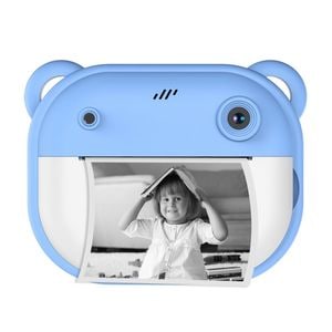 Camera foto/video pentru copii DacEnergy, model urs, camera duala, ecran color 2 inchi, imprimanta foto instantanee, jocuri, cu efecte si filtre, albastru