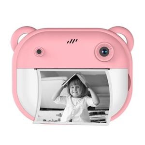 Camera foto/video pentru copii DacEnergy, model urs, camera duala, ecran color 2 inchi, imprimanta foto instantanee, jocuri, cu efecte si filtre, roz