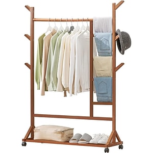 Cuier hol, Quasar & Co., cu roti, pretabil imbracaminte/incaltaminte, bambus, 100 x 35 x 155 cm, maro