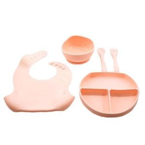 Set 5 piese diversificare bebelusi si copii din silicon eMazing, baveta, farfurie compartimentata cu ventuza, bol cu ventuza, tacamuri, fara alergeni, roz somon