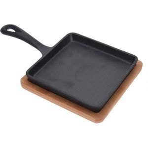 Tigaie tapas, patrat, fonta, suport bambus, 14 x 14 x 3.4 cm, lungime cu maner 24 cm, negru