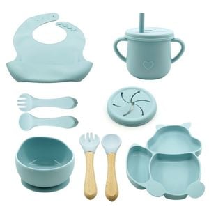Set 10 piese diversificare bebelusi si copii din silicon eMazing, baveta, farfurie , bol cu ventuza, baby blue
