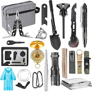 Set de Supravietuire eMazing, Echipament Multifunctional, Instrumente Profesionale, Agatatoare pentru Ghiozdan, Ideal pentru Camping, Drumetii si Aventuri in Aer Liber, Borseta Gri