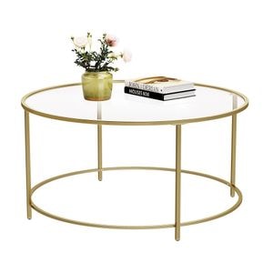 Masa de cafea Vasagle, rotunda, din sticla securizata cu cadru metalic, 84x84x45cm, auriu