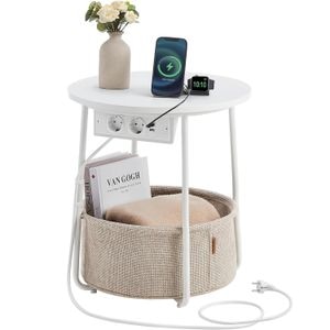  Masuta de cafea Vasagle, rotunda cu cos de stofa, statie de incarcare 2 prize si 2 USB, 45x50cm, alb