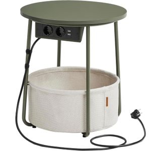 Masuta de cafea Vasagle, rotunda cu cos de stofa, statie de incarcare 2 prize si 2 USB, 45x50cm, verde crem