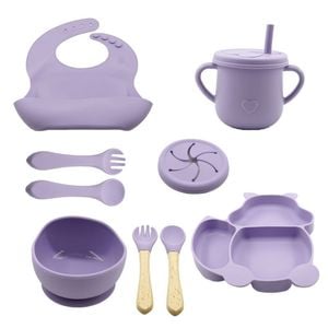 Set de diversificare pentru bebelusi si copii eMazing: 10 Piese, Material Siliconic si Lemn, incluzand baveta, farfurie si bol cu ventuza, tacamuri, cana, fara alergeni, Mov