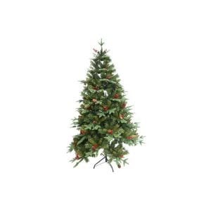 Brad artificial eMazing de Craciun, inaltime 210 cm, verde crud, premium, ace 3D, aspect natural, decorat cu fructe rosii si conuri