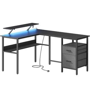  Birou Vasagle, in forma de L, suport monitor, raft si 2 sertare, 4 prize si 2 USB, 120x150x76 cm, negru
