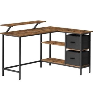  Birou Vasagle, in forma de L, suport monitor, 2 rafturi si 2 sertare, 105x135x76 cm, maro rustic