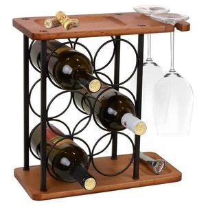Suport SIKS Sticle De Vin Si Pahare, Din Lemn Si Otel, 6 Compartimente Sticle, Doua Spatii Depozitare Pahare, 34, 5 x 34 x 16 cm, Maro/Negru