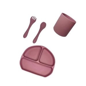 Set Tacamuri SIKS, Diversificare Bebelusi, Din Silicon, Fara BPA, Farfurie Impartita, Cu Ventuza, Pahar, Lingurita, Furculita, Roz
