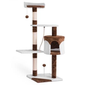 Ansamblu de joaca pentru pisici DacEnergy, 3 stalpi acoperiti cu franghie puternica de sisal, 4 platforme, o casa mare, doua pampoane, franghie intre platforme, 111 cm, maro/alb