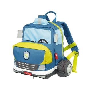 Ghiozdan pentru copii de gradinita Sigikid Masina de politie cu roti si detalii 3D, cu doua compartimente, cu spate captusit, bretele reglabile, Albastru