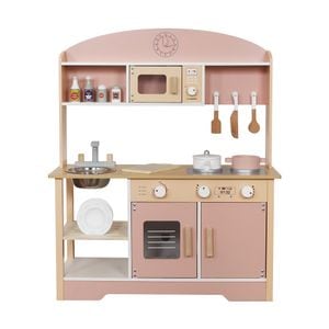 Bucatarie copii DacEnergy, din lemn, chiuveta metalica adanca, cuptor cu microunde, aragaz, uscator de vase, tigaie si oala cu capac, 68 x 25, 6 x 81 cm, roz si natur