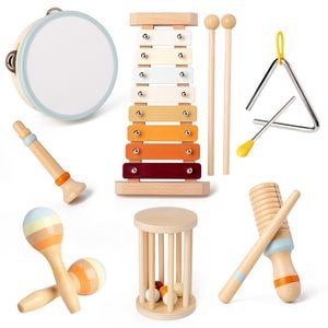 Set instrumente muzicale DacEnergy, din lemn, dezvolta recunoasterea ritmului, perfectioneaza coordonarea ochi-mana, abilitati de concentrare, de culoare neutra, 7 bucati