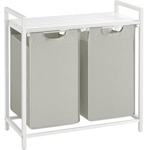 Cos de rufe VASAGLE, 2 compartimente, saci de rufe detasabili, raft, cadru metalic, 2x46L, 73x33x72 cm, alb