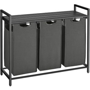 Cos de rufe VASAGLE, 3 compartimente, saci de rufe detasabili, raft, cadru metalic, 3x38L, 93x33x72 cm, negru
