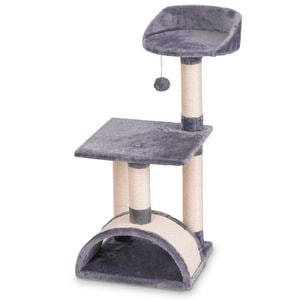 Ansamblu de joaca pentru pisici DacEnergy, constructia solida, 4 stalpi acoperiti cu franghie puternica de sisal, 2 platforme, un tunel mare, un pompon agatat, inaltime 83 cm, gri-crem