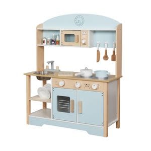 Bucatarie copii DacEnergy, din lemn, chiuveta metalica adanca, cuptor cu microunde, aragaz, uscator de vase, tigaie si oala cu capac, 68 x 25, 6 x 81 cm, albastru deschis