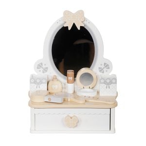 Mini masuta de toaleta DacEnergy, MDF si placaj, design atragator, culori pastelate, stimuleaza imaginatia, cu oglinda, sertar, accesorii incluse, 28.2 x 21 x 34.5 cm, alb si natur