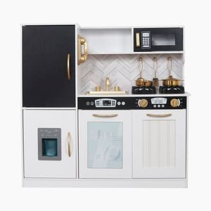 Set bucatarie copii DacEnergy, realizata din MDF si lemn, accesorii din otel inoxidabil, tabla cu creta, cuptor cu microunde, plita electrica, lumina Led, 80 x 24 x 80 cm, alb laptos si auriu