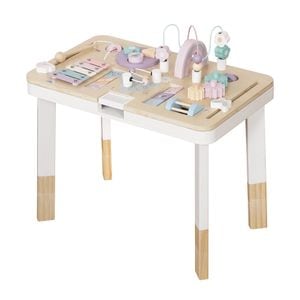 Masa de activitati din lemn Dacenergy, cu margini rotunjite, labirint de margele, cuburi de puzzle in miscare, roti dintate, dezvoltarea abilitatilor cheie, 48 x 29.5 x 37 cm, alb si natur