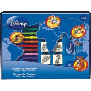 Joc educativ Multiprint, Stampile Geografia Disney, 23 piese, 7 stampile, tus, 12 carioci, rigla, harta lumii si caiet cu activitati, 3 ani+