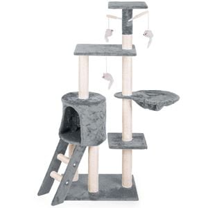 Ansamblu de joaca pentru pisici DacEnergy, 7 stalpi acoperiti cu franghie puternica de sisal, 4 platforme, o casa mare, trei soareci agatati, 140 cm, gri-bej