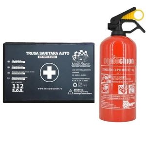 Kit siguranta rutiera omologat Motor Starter - Trusa medicala auto prim ajutor, stingator auto reincarcabil P1, fara manometru, cu pulbere