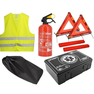 Kit siguranta auto omologat SMARTIC, valabilitate 5 ani - Trusa se prim ajutor, stingator, 2 x triunghiuri reflectorizante, vesta reflectorizanta, saculet de depozitare