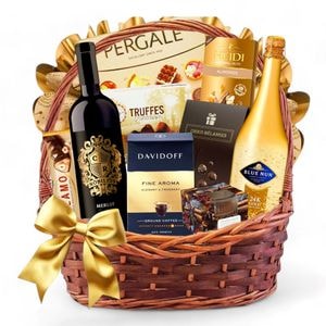 Cos Cadou Elegant CADOURI RAFINATE, Golden Glow, cu Vinuri Premium, Cafea Davidoff, Dulciuri Fine, Ambalaj Festiv, 11 Articole