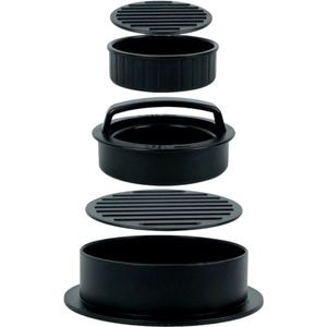 Presa dubla pentru hamburgeri 2 in 1 eMazing, forma si presa, doua dimensiuni, cu maner, material ABS, 100 de foi hartie de copt incluse, 13x13.5x7 cm, fara lipire, neagra