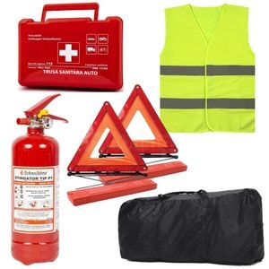 Kit auto complet omologat RAR pentru siguranta rutiera Hessa - Stingator P1, Trusa Medicala, 2 x Triunghiuri Reflectorizante, Vesta si Geanta Depozitare