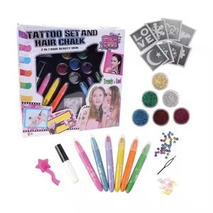 Set de infrumusetare pentru fete, Simply Joy, cu creta pentru colorat parul si tatuaje temporare cu sclipici
