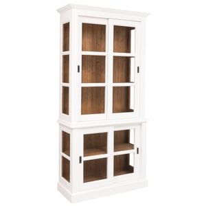 Vitrina cu 2 usi sticla glisante BAS + 2 usi mari sticla glisante SUP, culoare exterior alb P004, culoare interior maro deschis P001, dublu color, 100% lemn masiv, 110x47x220 cm