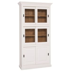 Bufet cu 2 usi glisante, 4 usi sticla glisante, culoare exterior alb P004, culoare interior maro deschis P001, dublu color, 100% lemn masiv, 110x40x210 cm