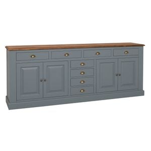 Bufet bucatarie 4 usi 8 sertare bas, blat stejar, culoare blat maro P064, culoare gri P042, dublu color, 100% lemn masiv, 239x47x93 cm
