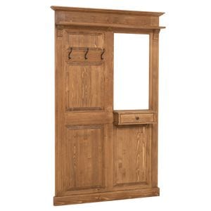 Cuier cu oglinda, 1 sertar, culoare maro deschis P001, ceruit, 100% lemn masiv, 132x19x210 cm