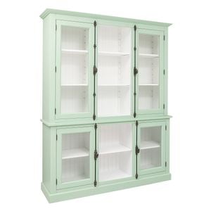 Comoda fara sertare, usi cu sticla + vitrina 2 usi si rafturi deschise sup, culoare exterior verde menta P09, culoare interior alb P004, dublu color, 100% lemn masiv, 184x48x228 cm