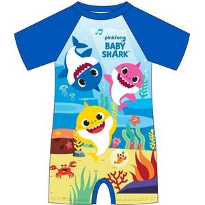 Costum de baie Eplusm, Baby Shark, Cu protectie UV, Cu maneci scurte si fermoar, Marime 98/104, Albastru