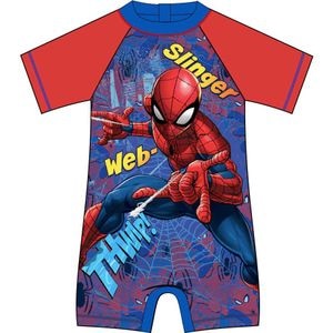 Costum de baie Eplusm, Spiderman, Cu protectie UV, Cu maneci scurte si fermoar, Marime 86/92, Albastru